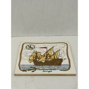 Portugal Caravela Ship Ceramic Wall Tile Trivet Cork Back Nautical Decor
